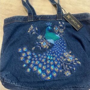 DG2 by Diane Gilman Embroidered Peacock Denim Tote Bag -New With Tags. Gorgeous